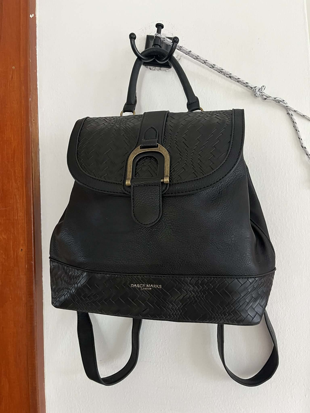 Darcy Marks Black Woven-Accent Leather Backpack Vegan Leather Material Excellent